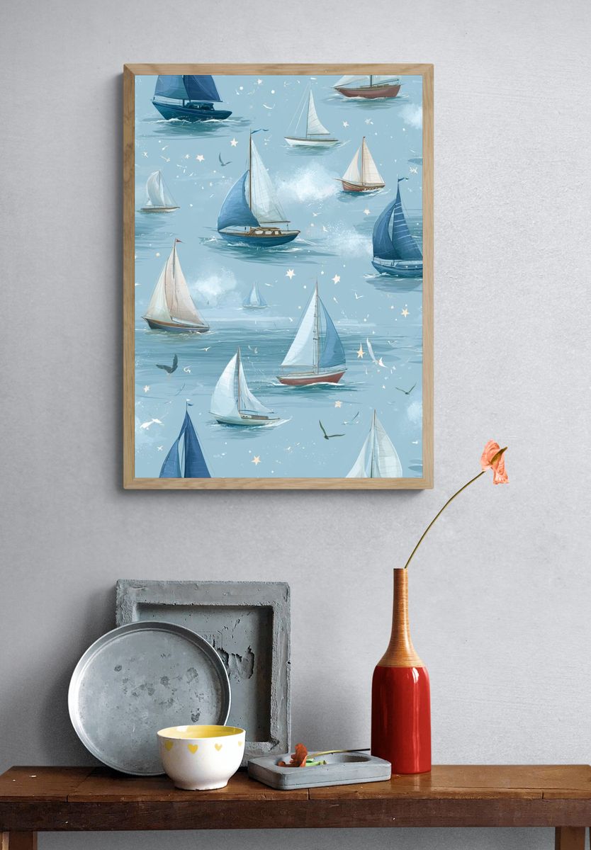 Sailboats on Blue Sea Illustration Poster. — room view 3