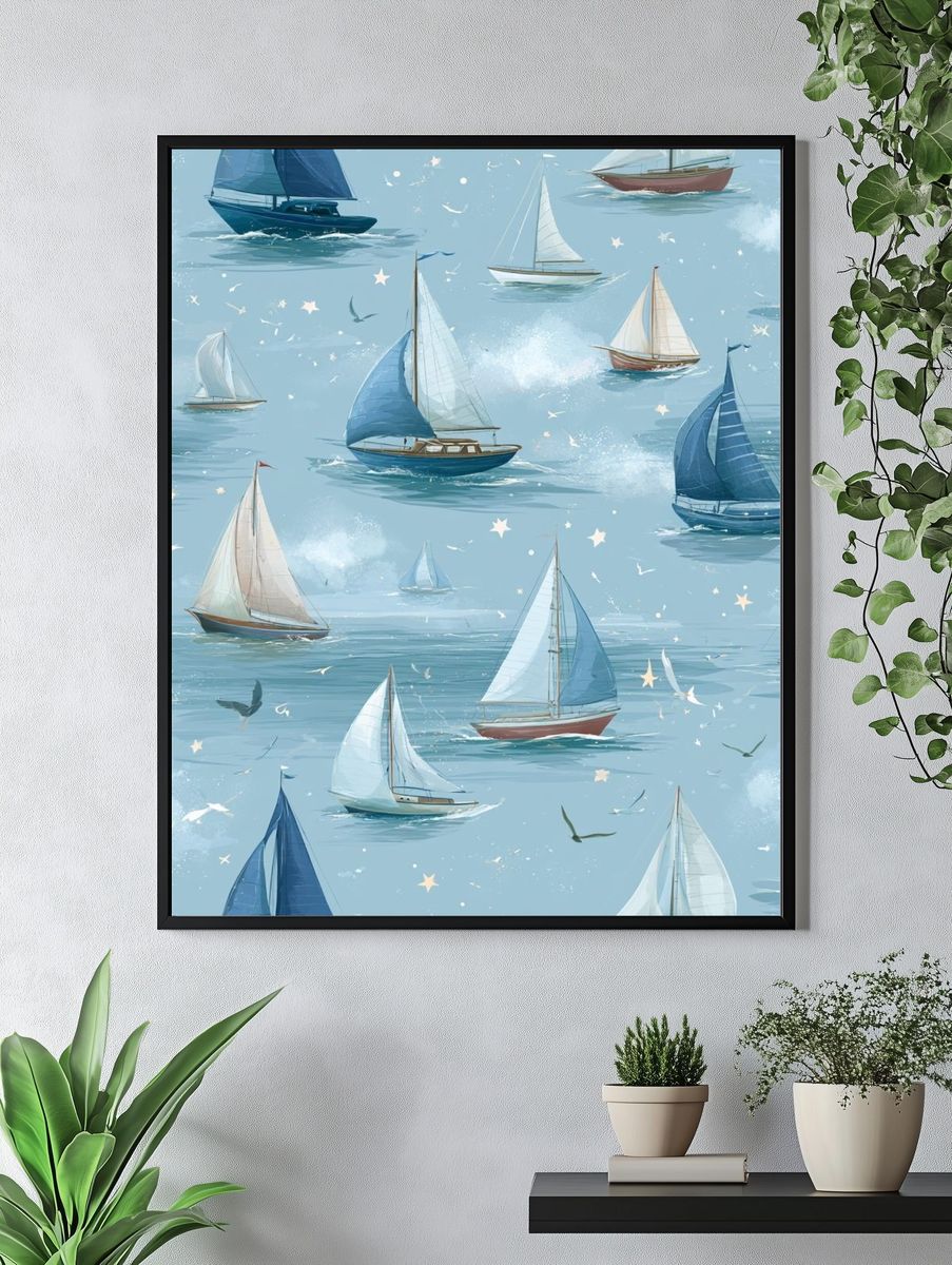 Sailboats on Blue Sea Illustration Poster. — room view 4
