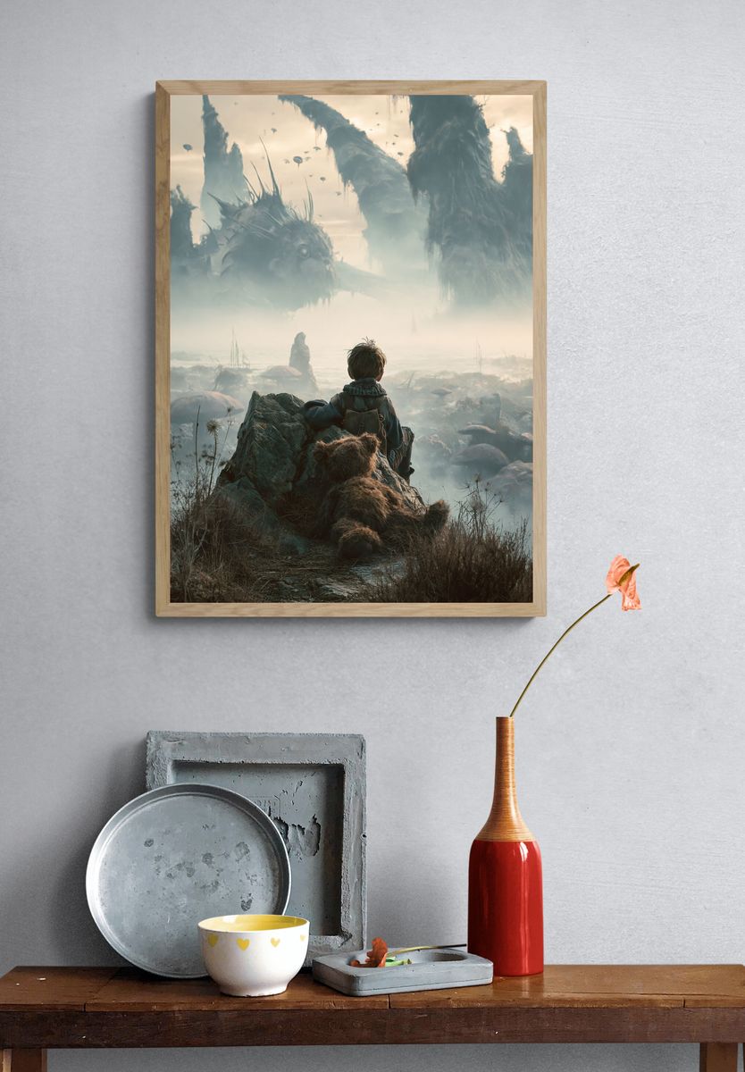 Fantasy Boy and Giant Creatures Poster. — room view 3