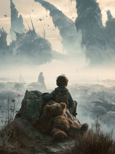 Fantasy Boy and Giant Creatures Poster. poster print