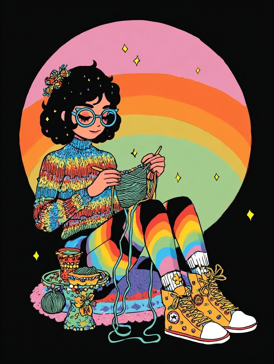 Rainbow Knitting Girl Illustration Poster. poster — illustration art