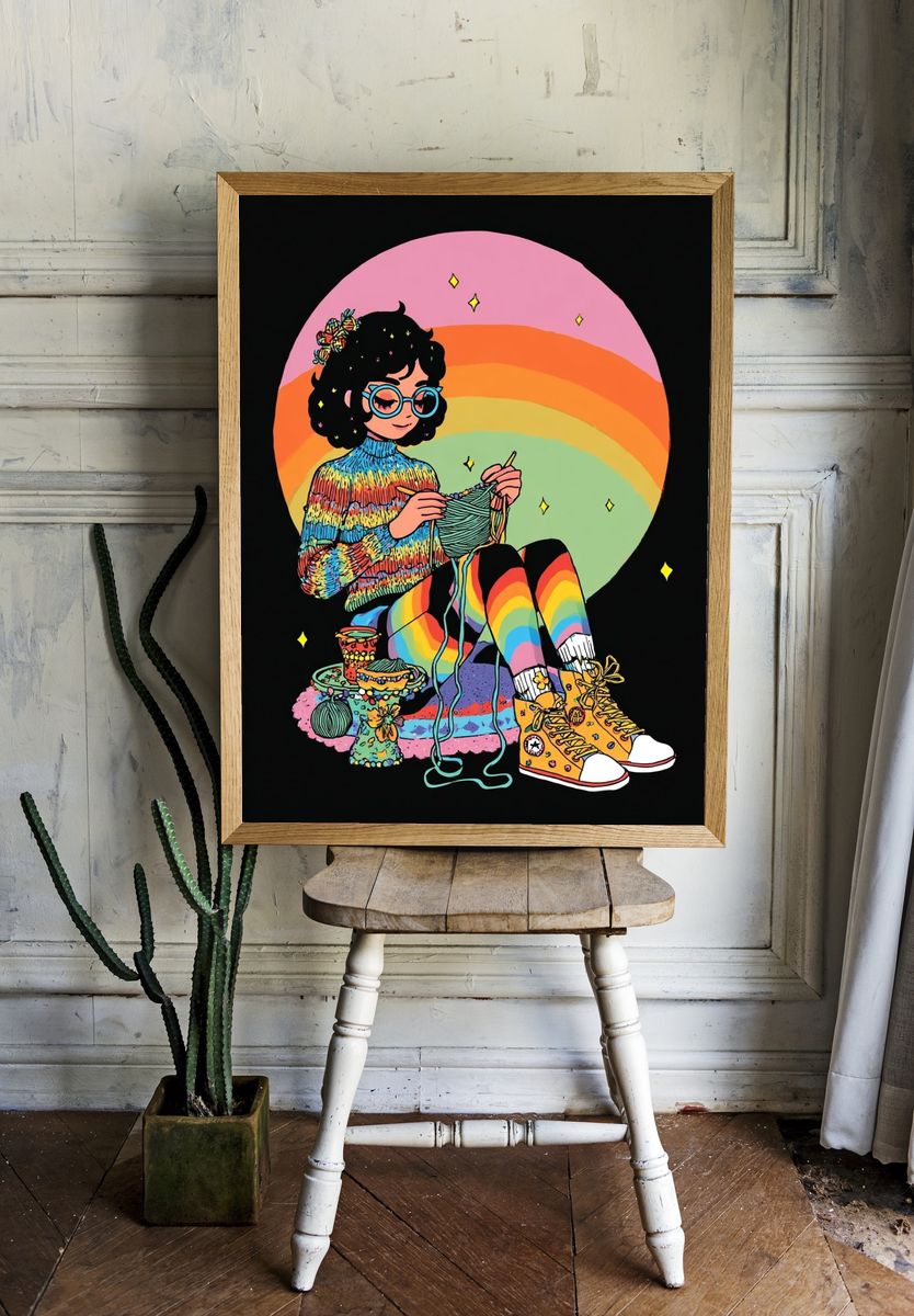 Rainbow Knitting Girl Illustration Poster. — room view 1