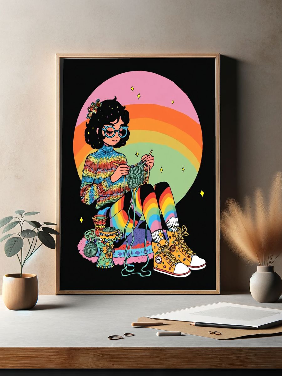 Rainbow Knitting Girl Illustration Poster. — room view 2