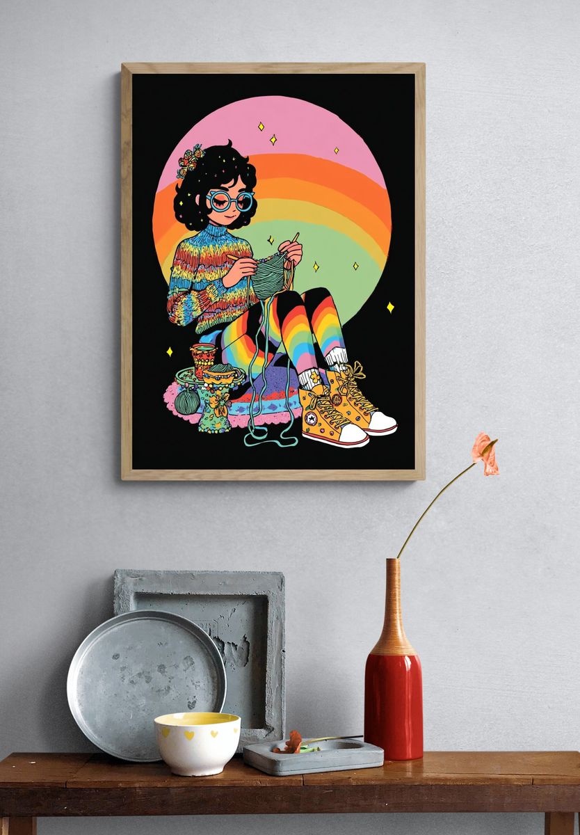 Rainbow Knitting Girl Illustration Poster. — room view 3