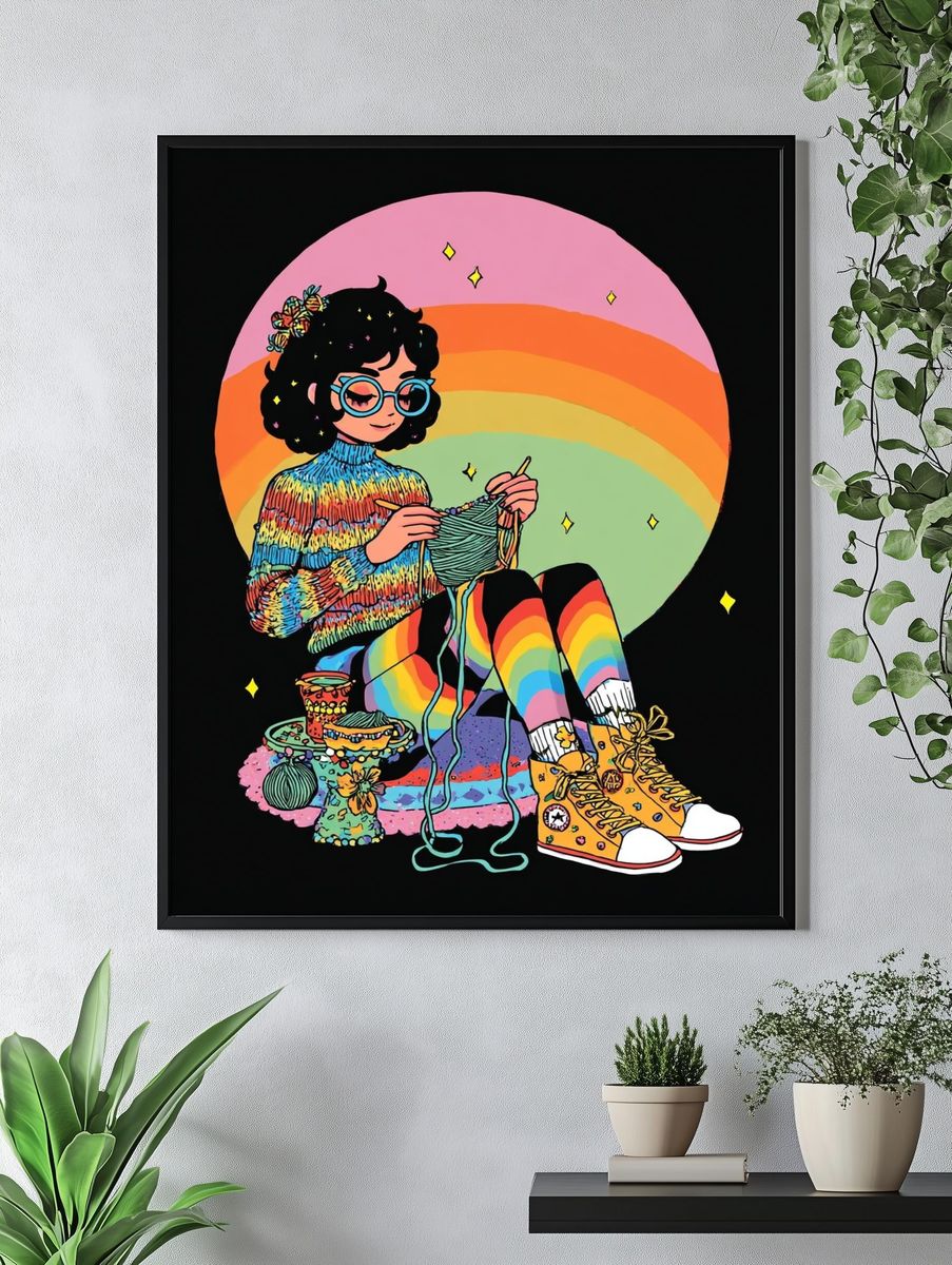 Rainbow Knitting Girl Illustration Poster. — room view 4