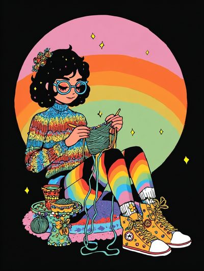 Rainbow Knitting Girl Illustration Poster. poster