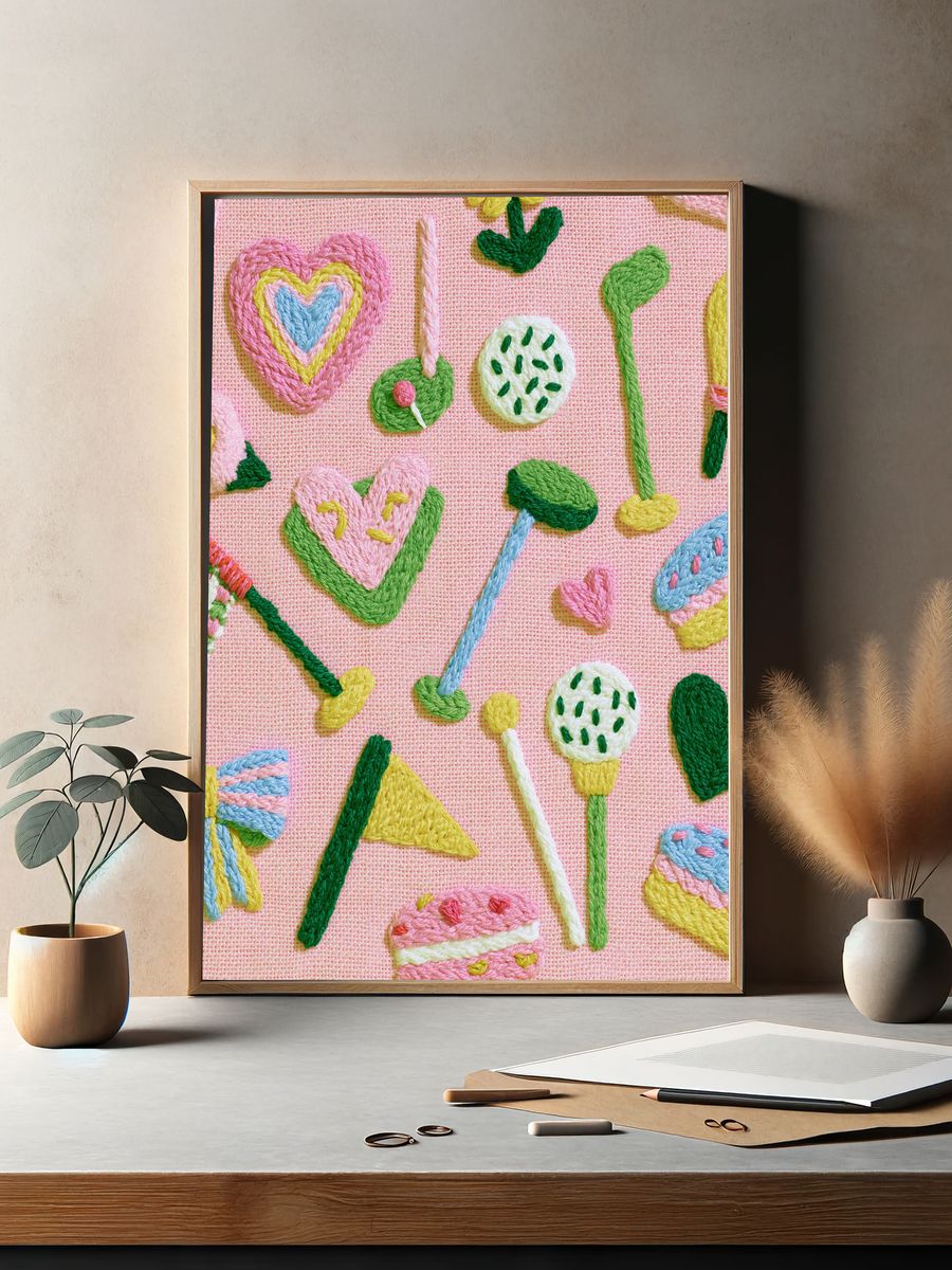 Pastel Embroidered Hearts Print. — room view 2