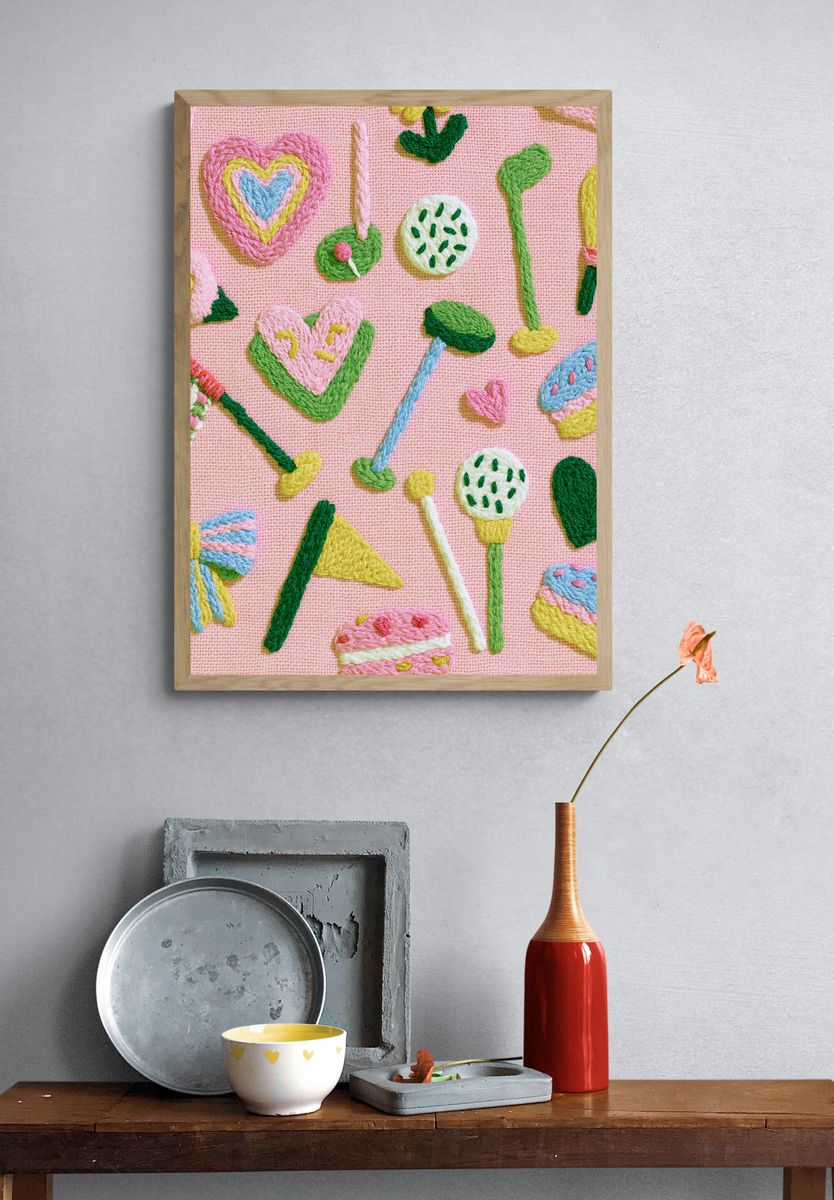 Pastel Embroidered Hearts Print. — room view 3