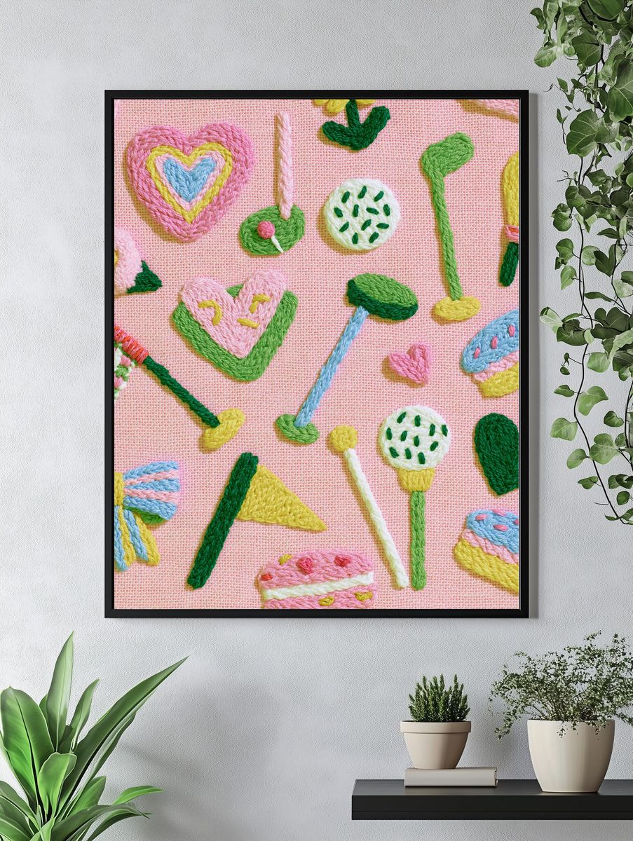 Pastel Embroidered Hearts Print. — room view 4