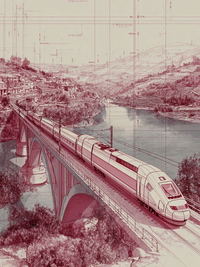 High-Speed Train Bridge Illustration Poster. poster — illustration art