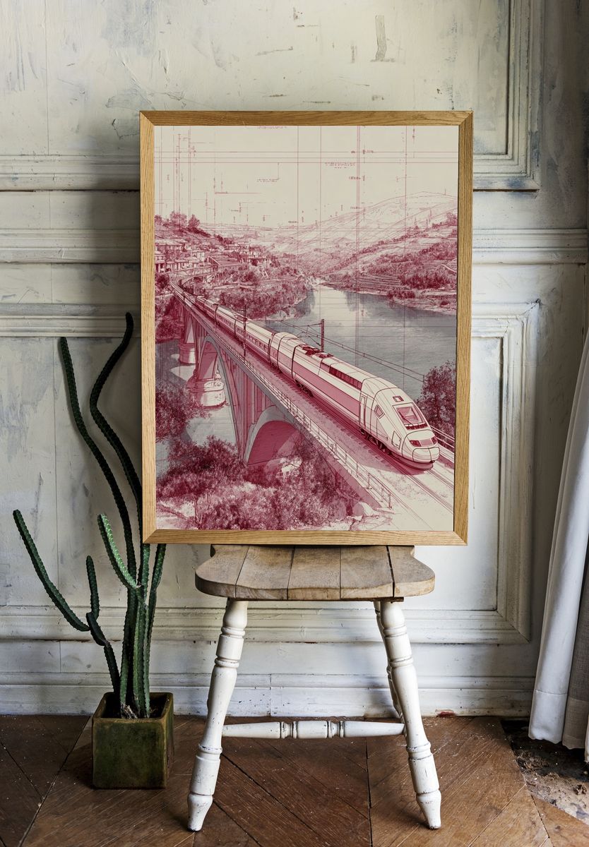 High-Speed Train Bridge Illustration Poster. — room view 1