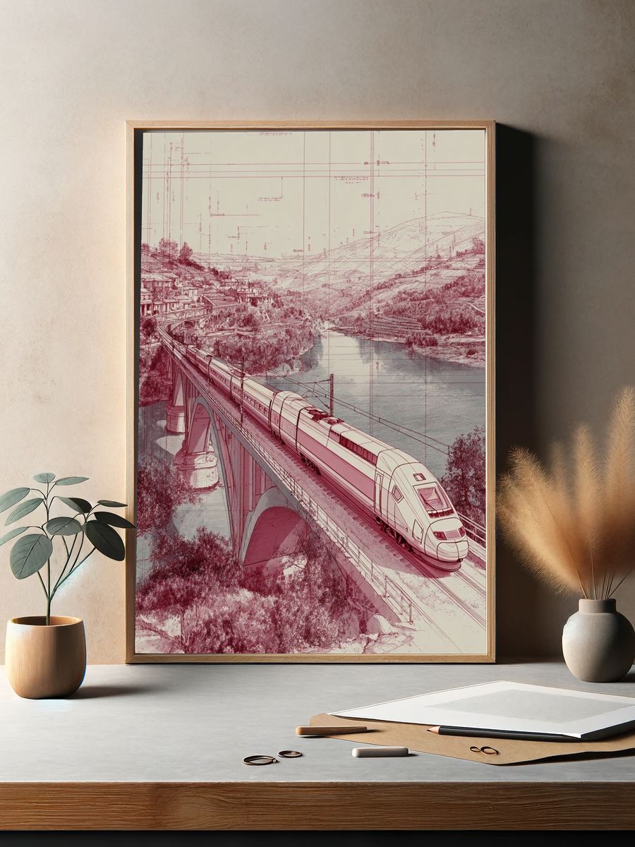 High-Speed Train Bridge Illustration Poster. — room view 2