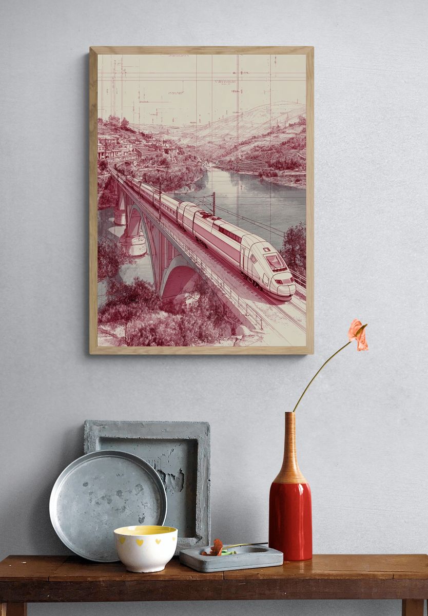 High-Speed Train Bridge Illustration Poster. — room view 3
