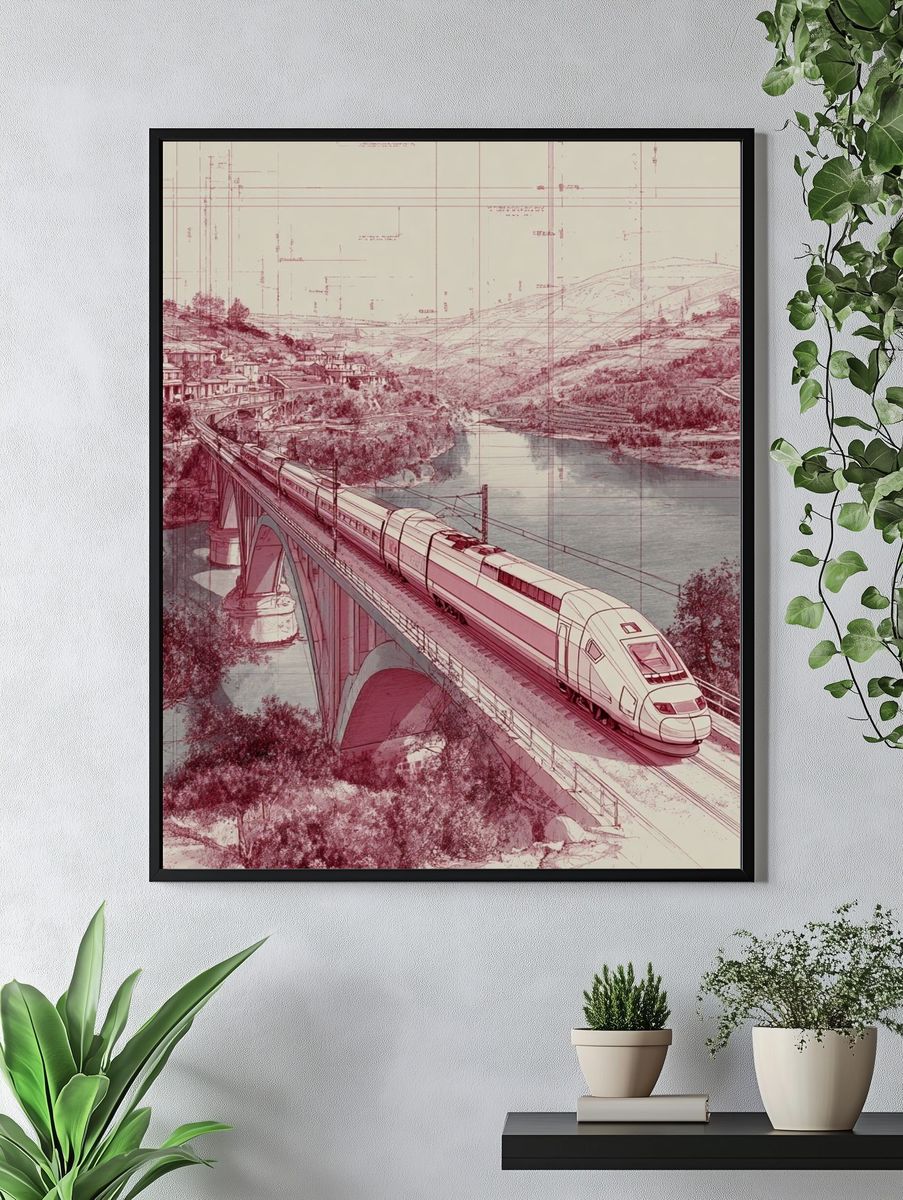 High-Speed Train Bridge Illustration Poster. — room view 4
