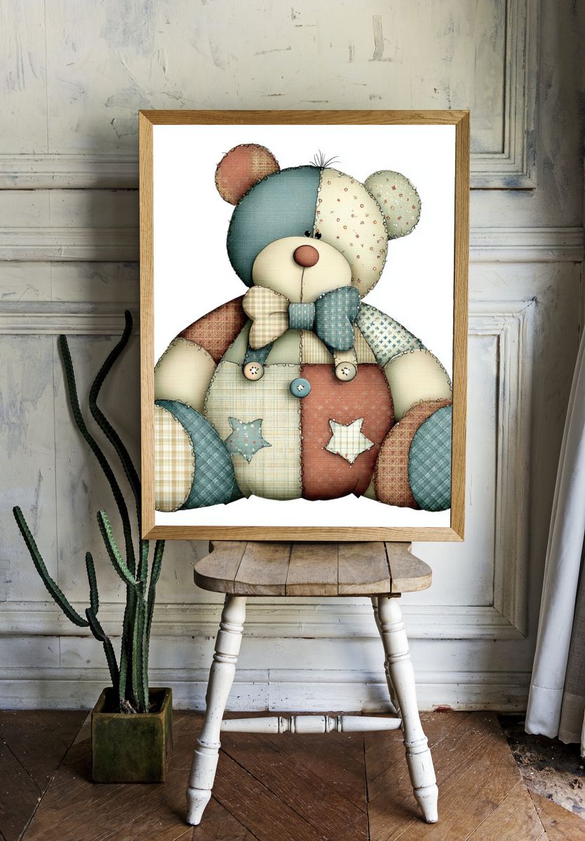 Patchwork Teddy Bear Illustration Poster. — room view 1