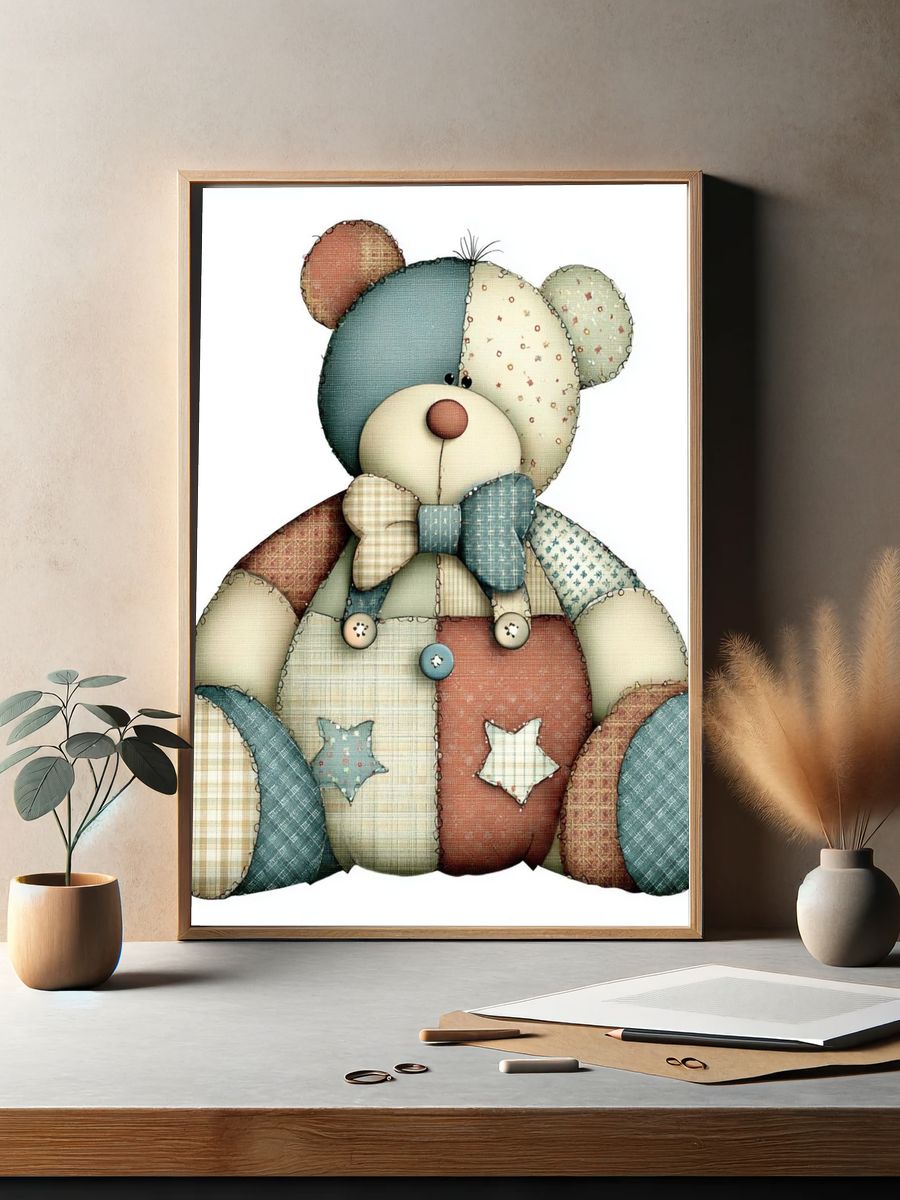 Patchwork Teddy Bear Illustration Poster. — room view 2