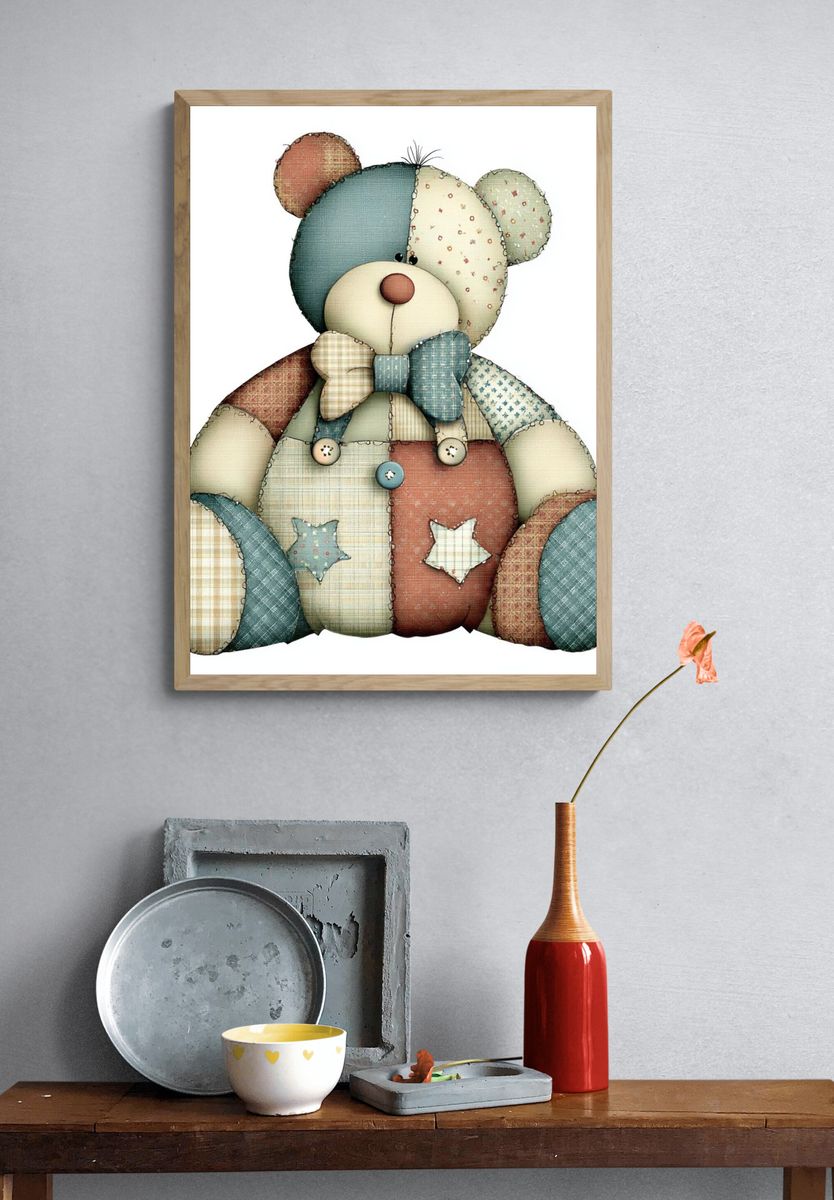 Patchwork Teddy Bear Illustration Poster. — room view 3