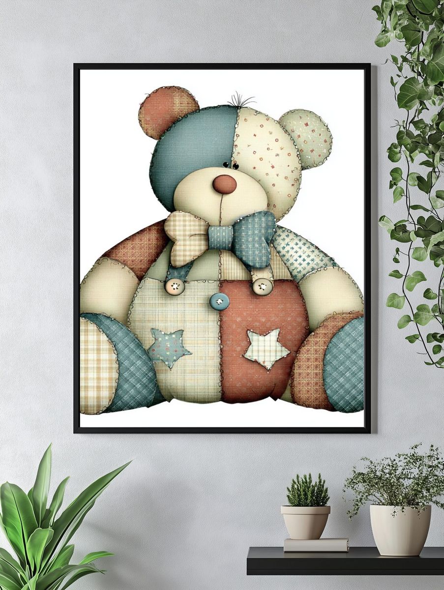Patchwork Teddy Bear Illustration Poster. — room view 4
