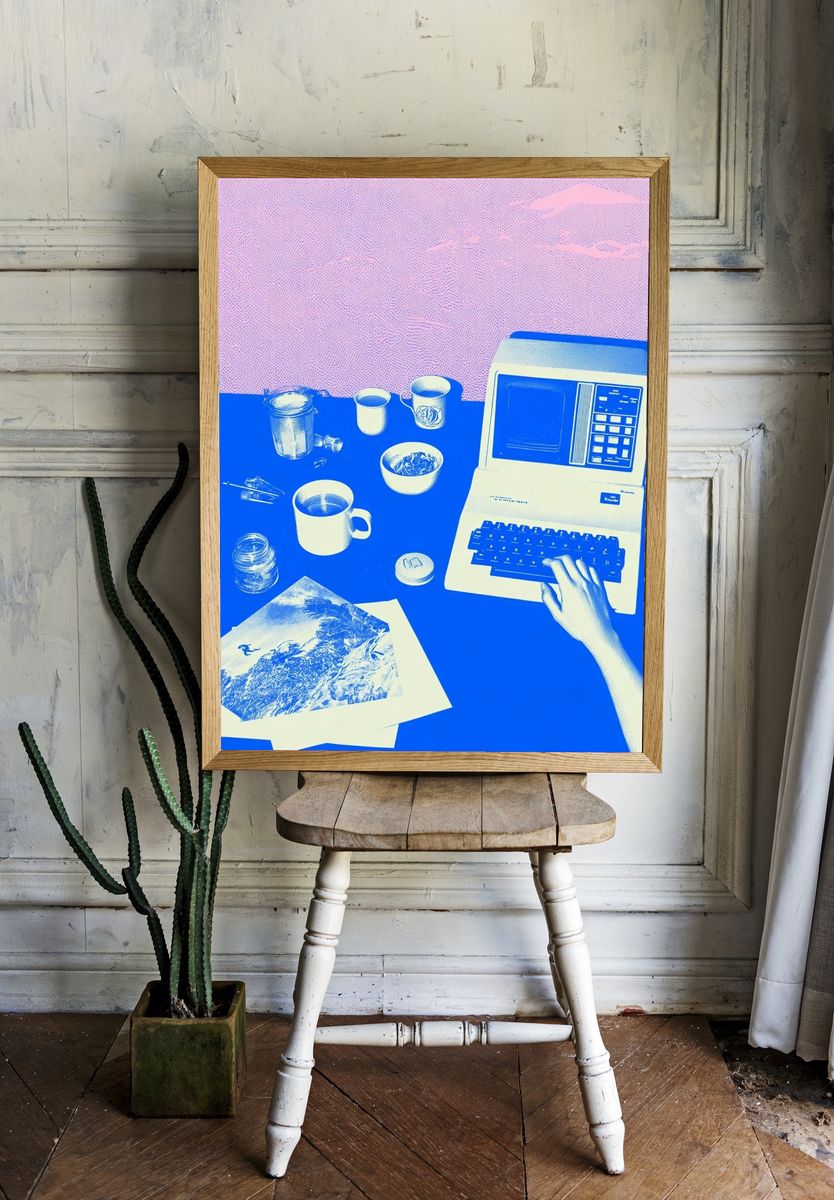 Retro Computer Desk Illustration Poster. — room view 1