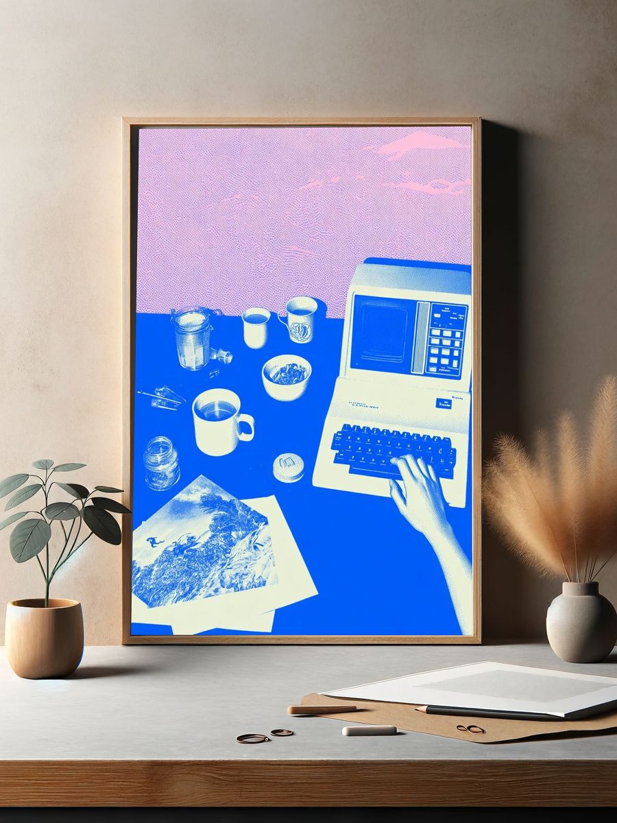 Retro Computer Desk Illustration Poster. — room view 2