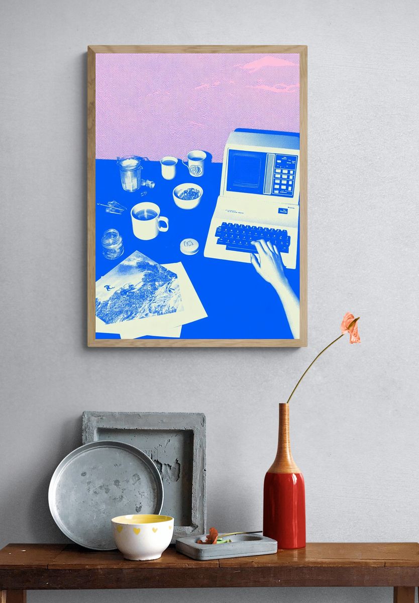 Retro Computer Desk Illustration Poster. — room view 3