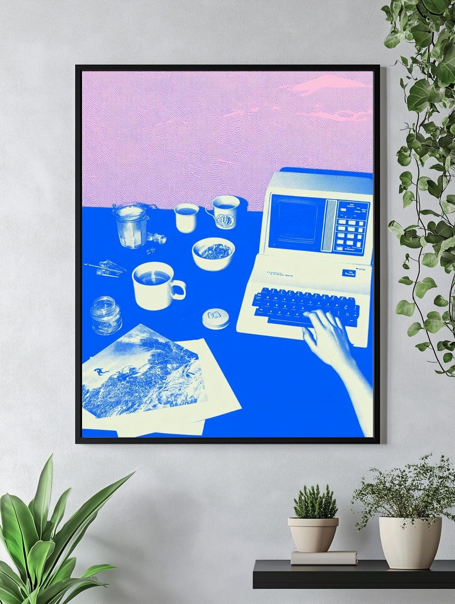 Retro Computer Desk Illustration Poster. — room view 4