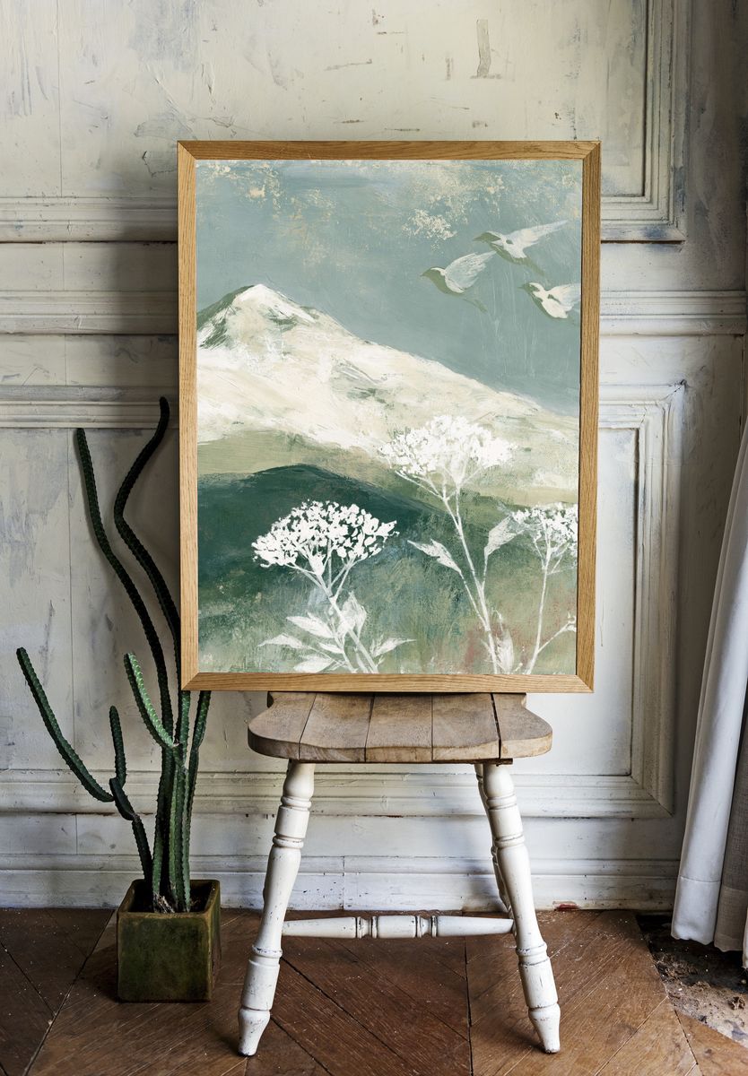Misty Mountain Birds Illustration Poster. — room view 1