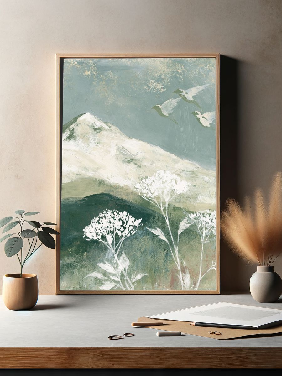Misty Mountain Birds Illustration Poster. — room view 2