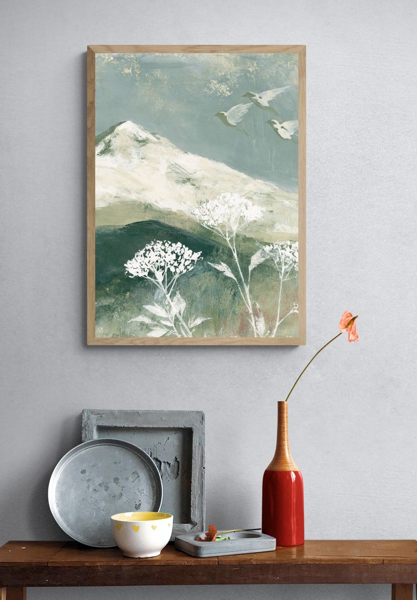Misty Mountain Birds Illustration Poster. — room view 3