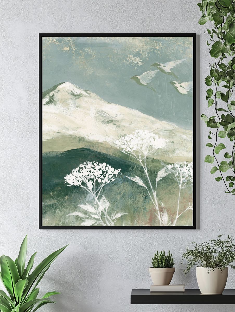 Misty Mountain Birds Illustration Poster. — room view 4