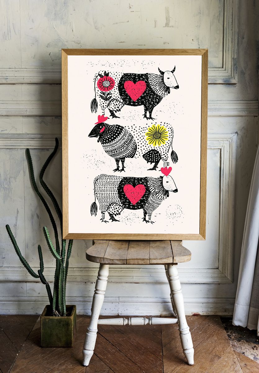 Folk Cow Hearts Illustration Poster. — room view 1