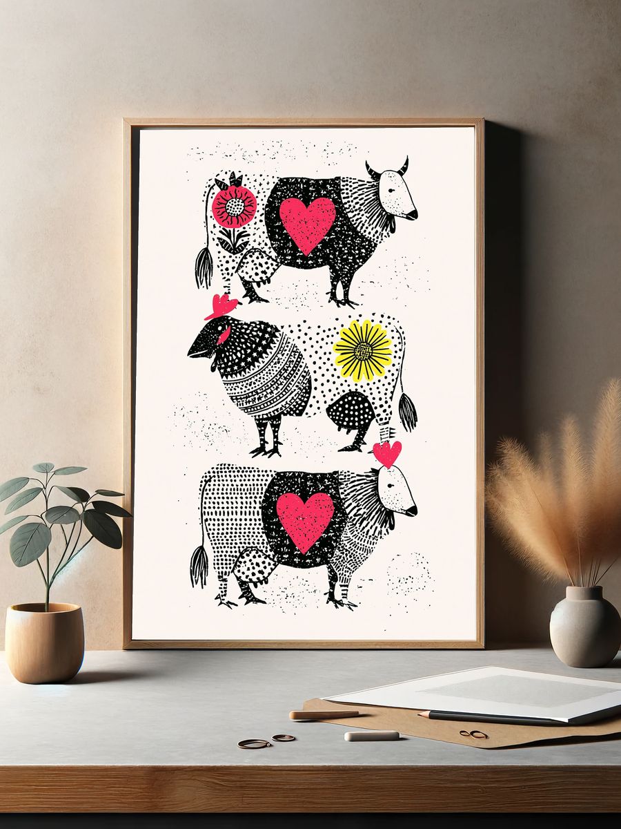 Folk Cow Hearts Illustration Poster. — room view 2