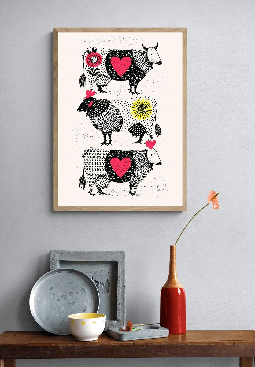 Folk Cow Hearts Illustration Poster. — room view 3