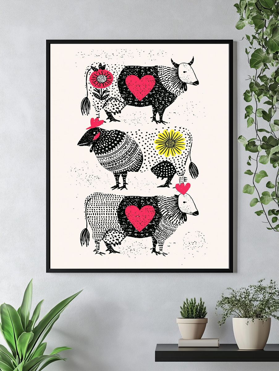 Folk Cow Hearts Illustration Poster. — room view 4
