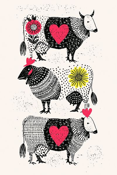 Folk Cow Hearts Illustration Poster. poster print