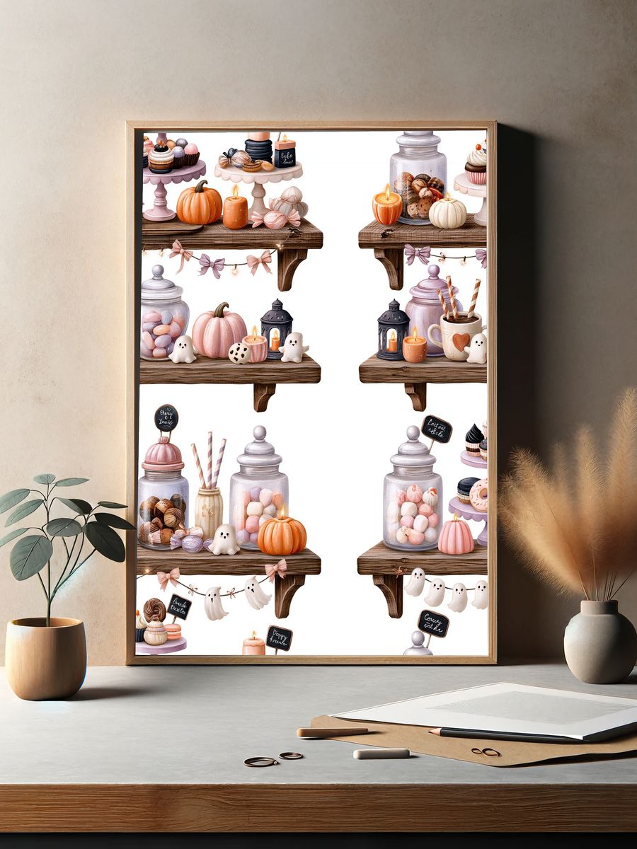 Pastel Halloween Dessert Shelf Illustration Poster. — room view 2