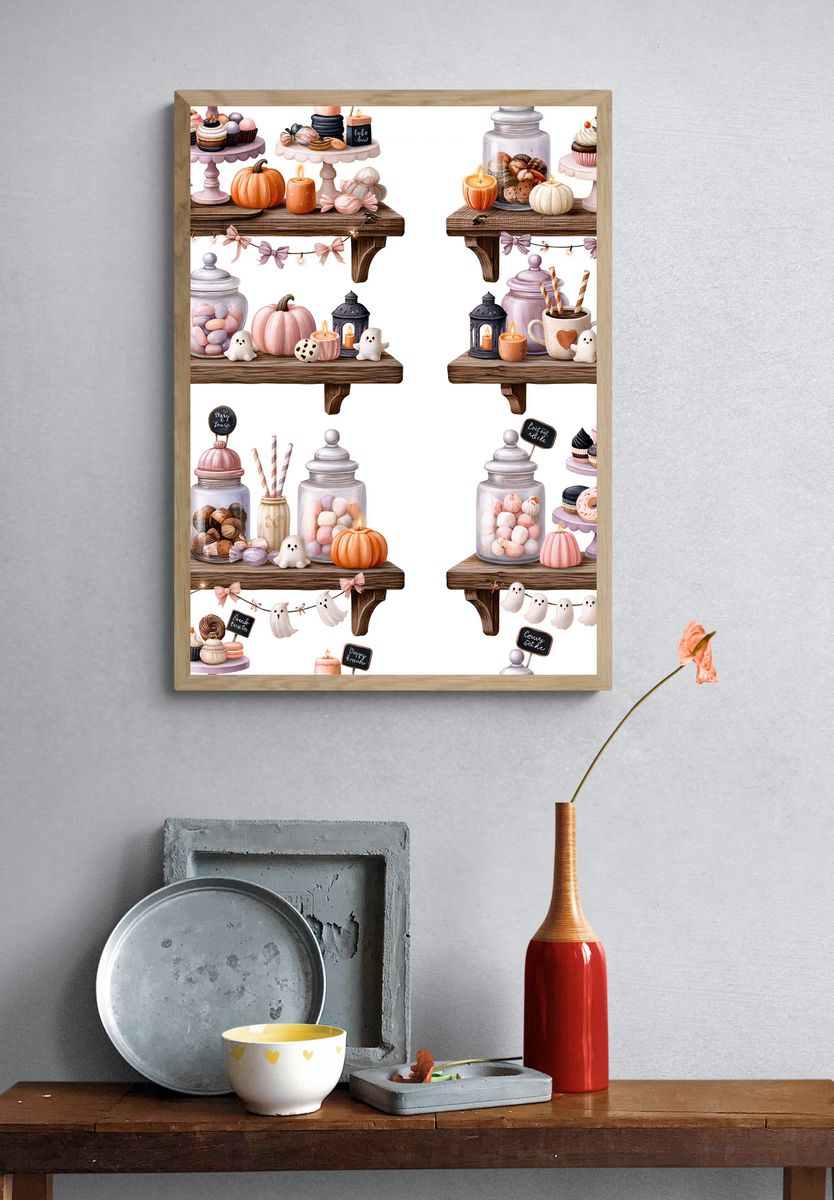 Pastel Halloween Dessert Shelf Illustration Poster. — room view 3