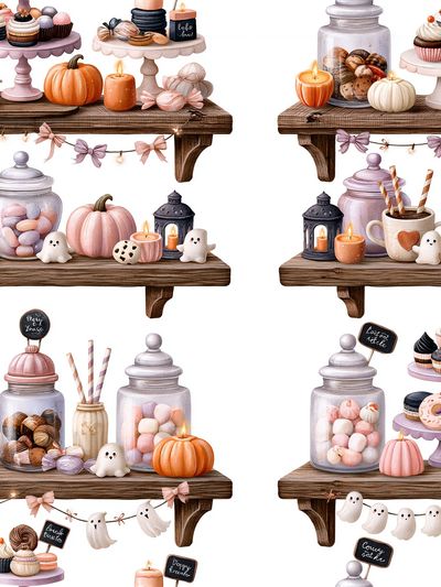 Pastel Halloween Dessert Shelf Illustration Poster. poster