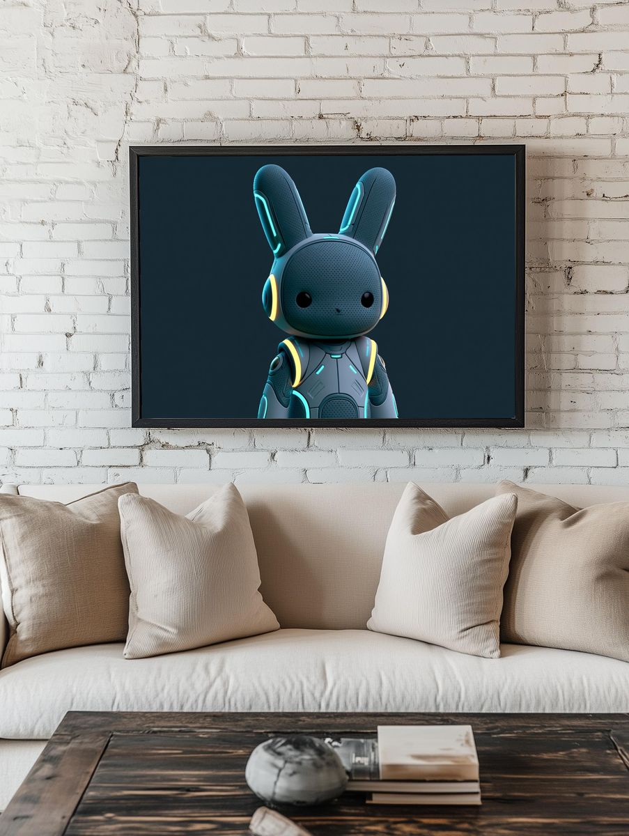 Neon Bunny Robot Illustration Poster. — room view 1
