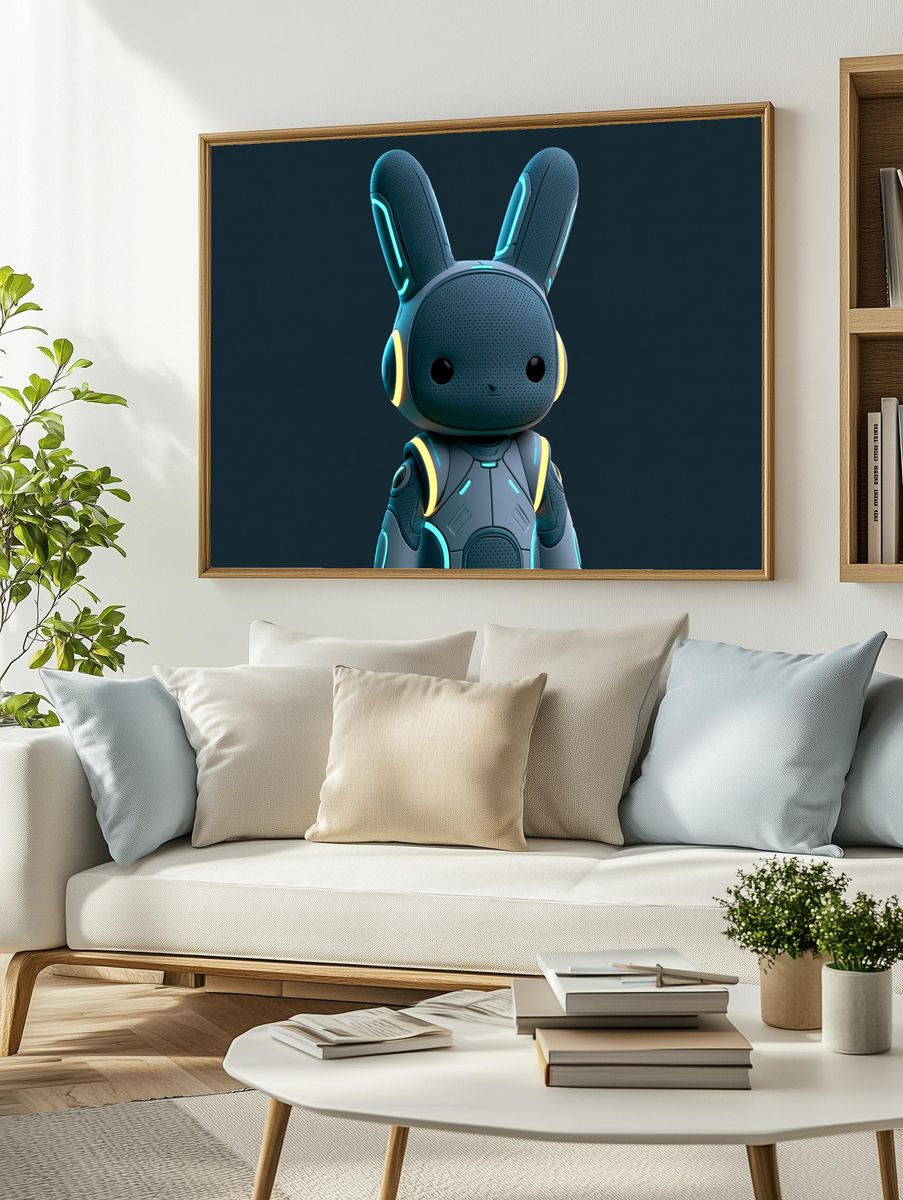 Neon Bunny Robot Illustration Poster. — room view 2