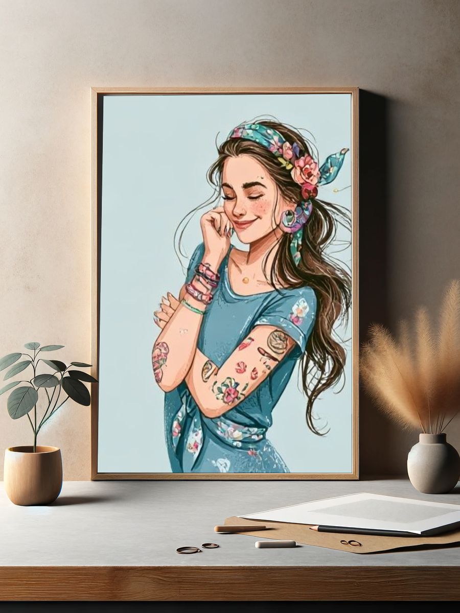 Floral Girl Portrait Illustration Poster. — room view 2