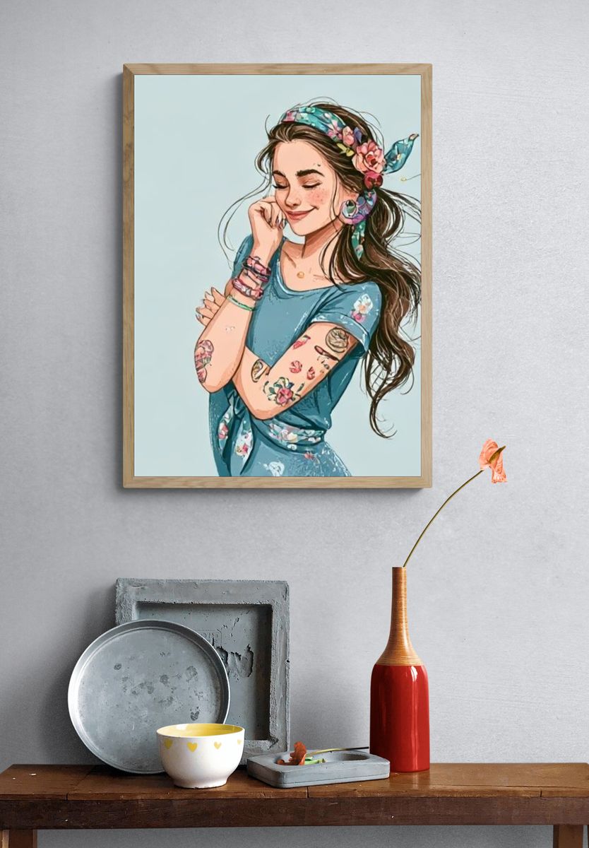 Floral Girl Portrait Illustration Poster. — room view 3