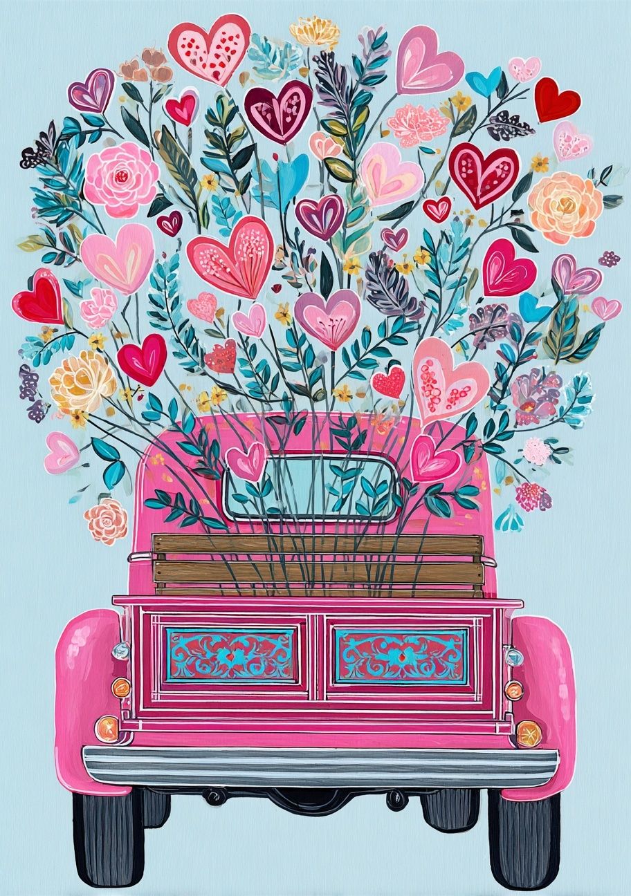 Pink Flower Truck Illustration Poster. poster detail