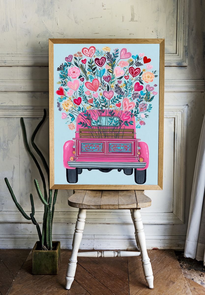 Pink Flower Truck Illustration Poster. — room view 1