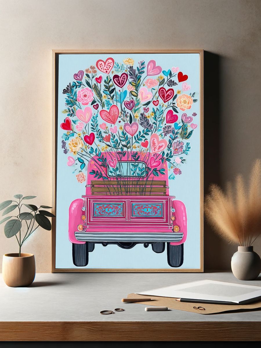 Pink Flower Truck Illustration Poster. — room view 2
