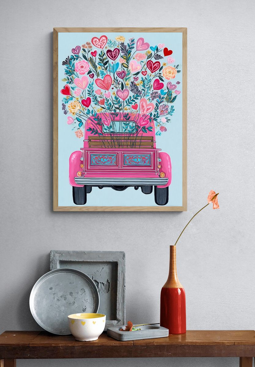 Pink Flower Truck Illustration Poster. — room view 3