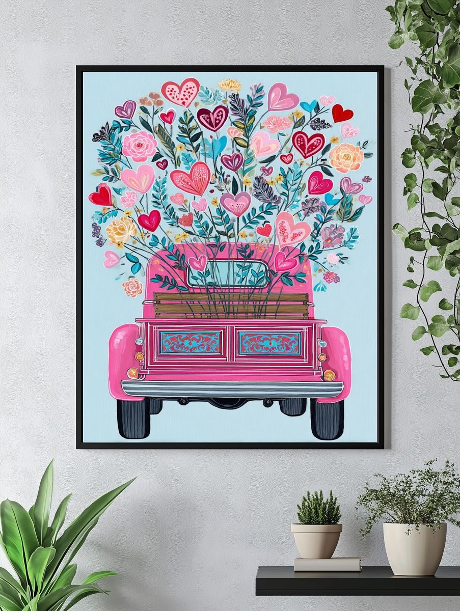 Pink Flower Truck Illustration Poster. — room view 4