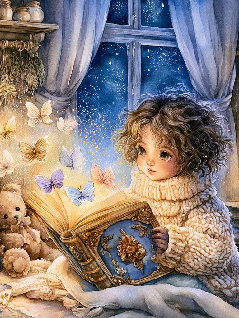 Storybook Girl and Butterflies Print. poster detail