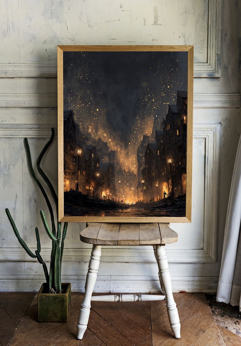 Gothic Firelit Cityscape Fantasy Print. — room view 1