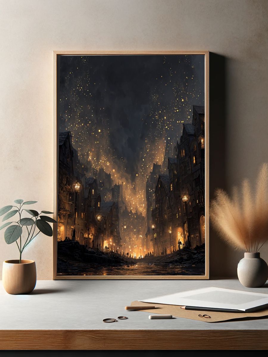 Gothic Firelit Cityscape Fantasy Print. — room view 2